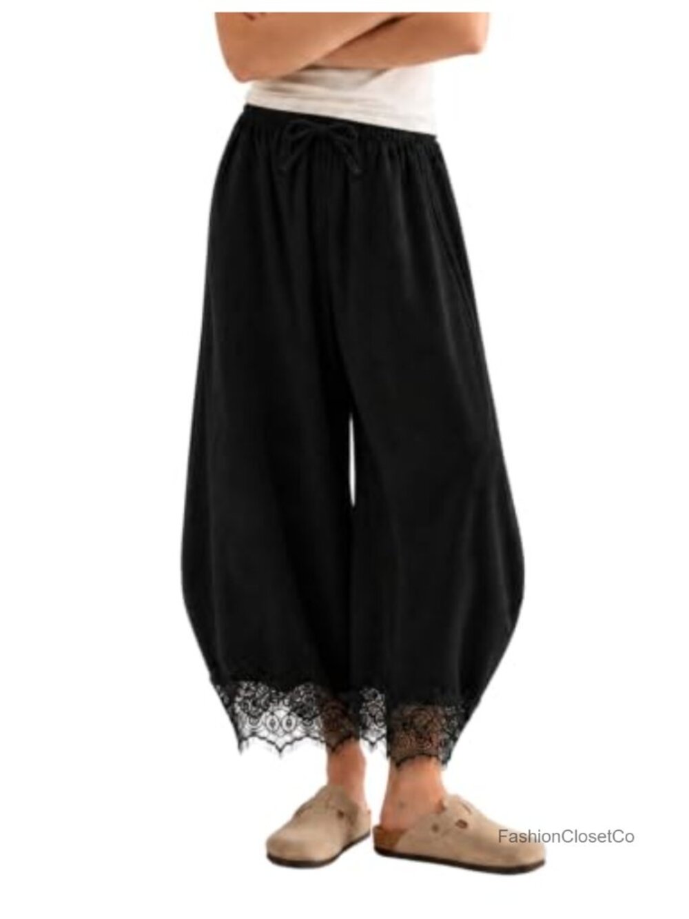 Corduroy Wide Leg Drawstring Waist Lace Hem Pants